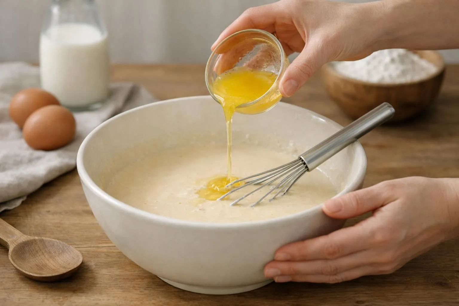 Hands mixing eggs in a bowl with whisk.