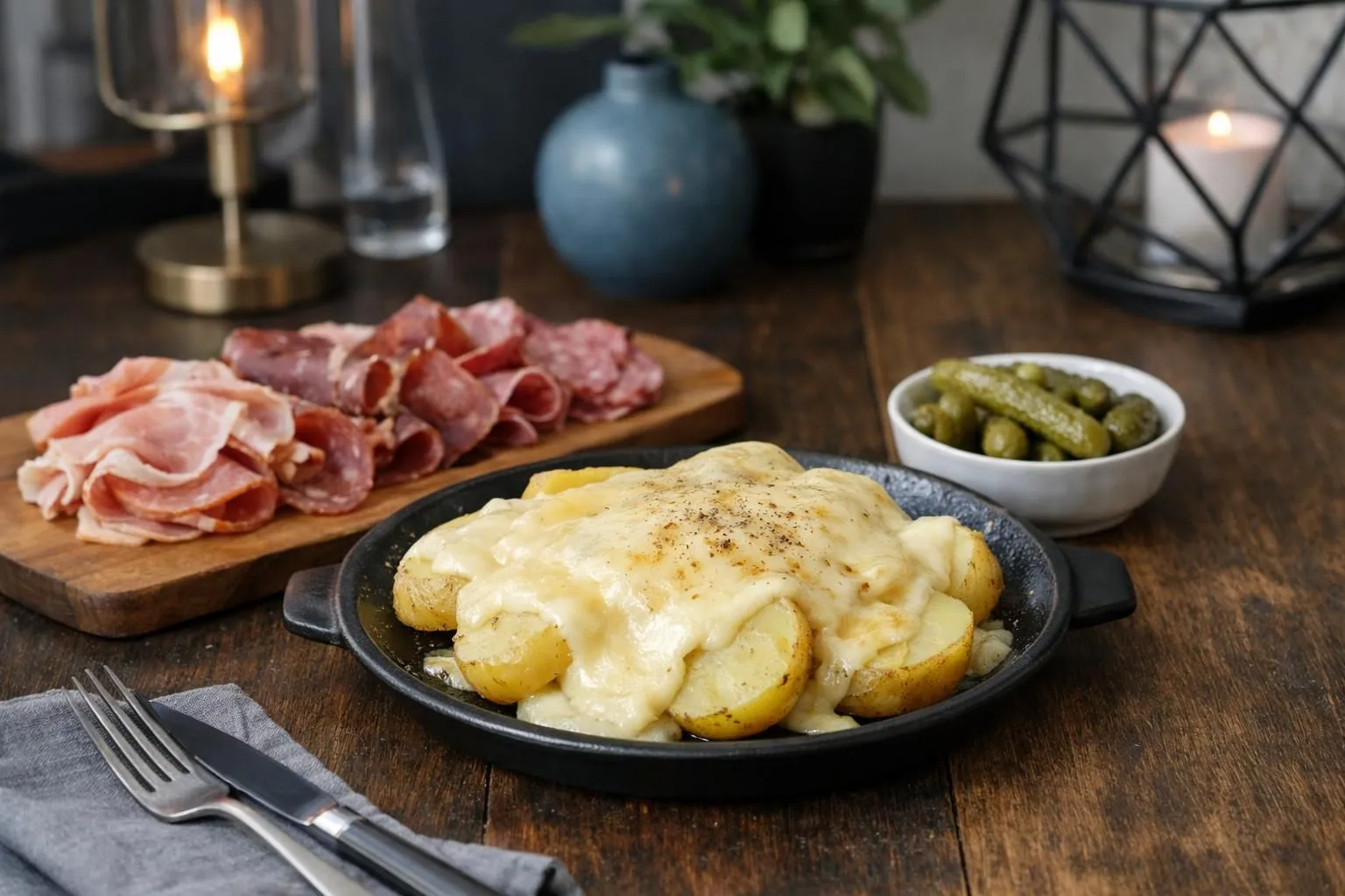 Cooked potatoes with cheese, cured meats, and pickled vegetables.