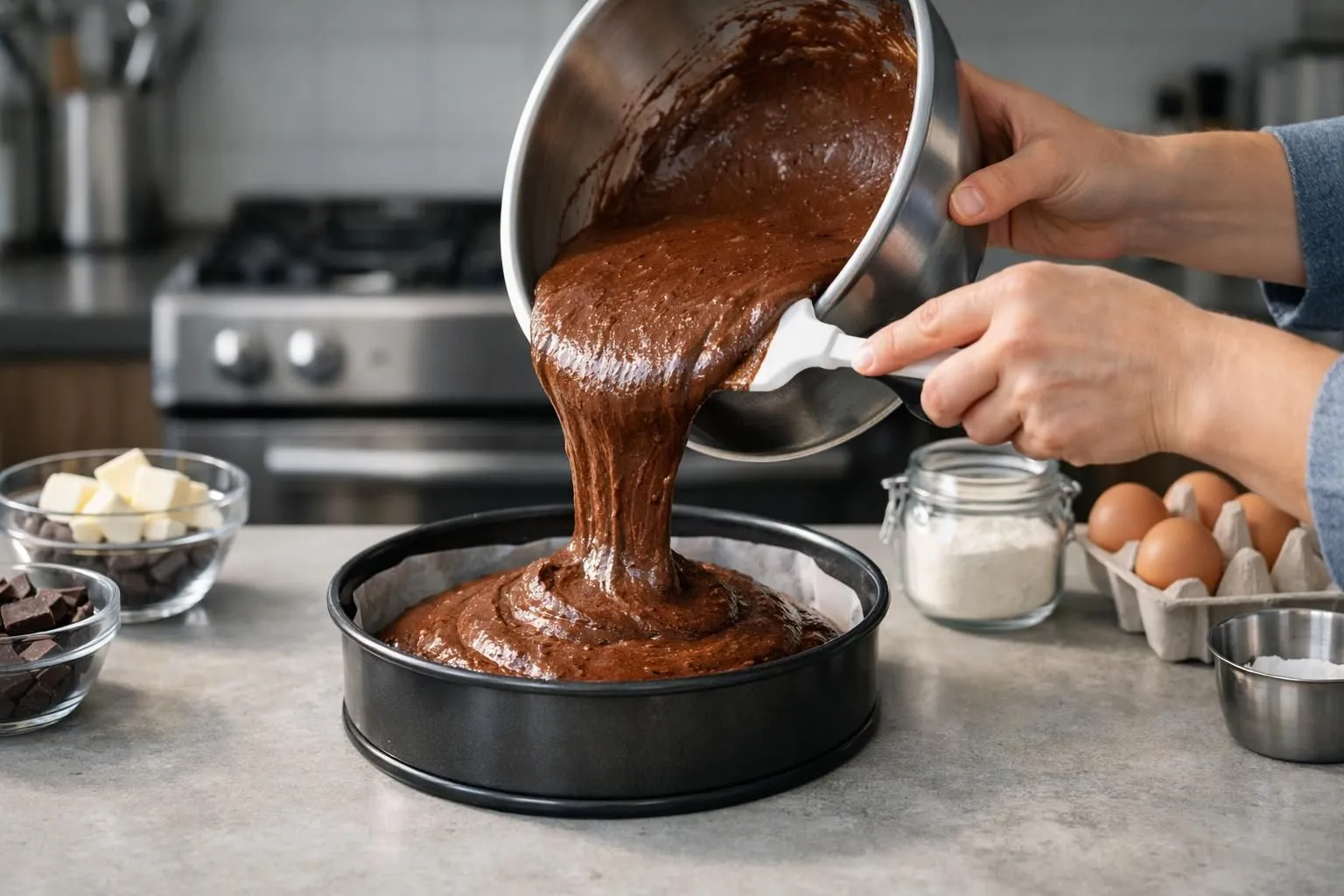 Pouring rich, dark chocolate batter into a baking pan.