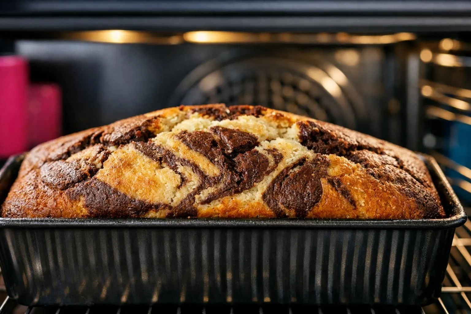 Freshly baked marble cake in a baking pan.