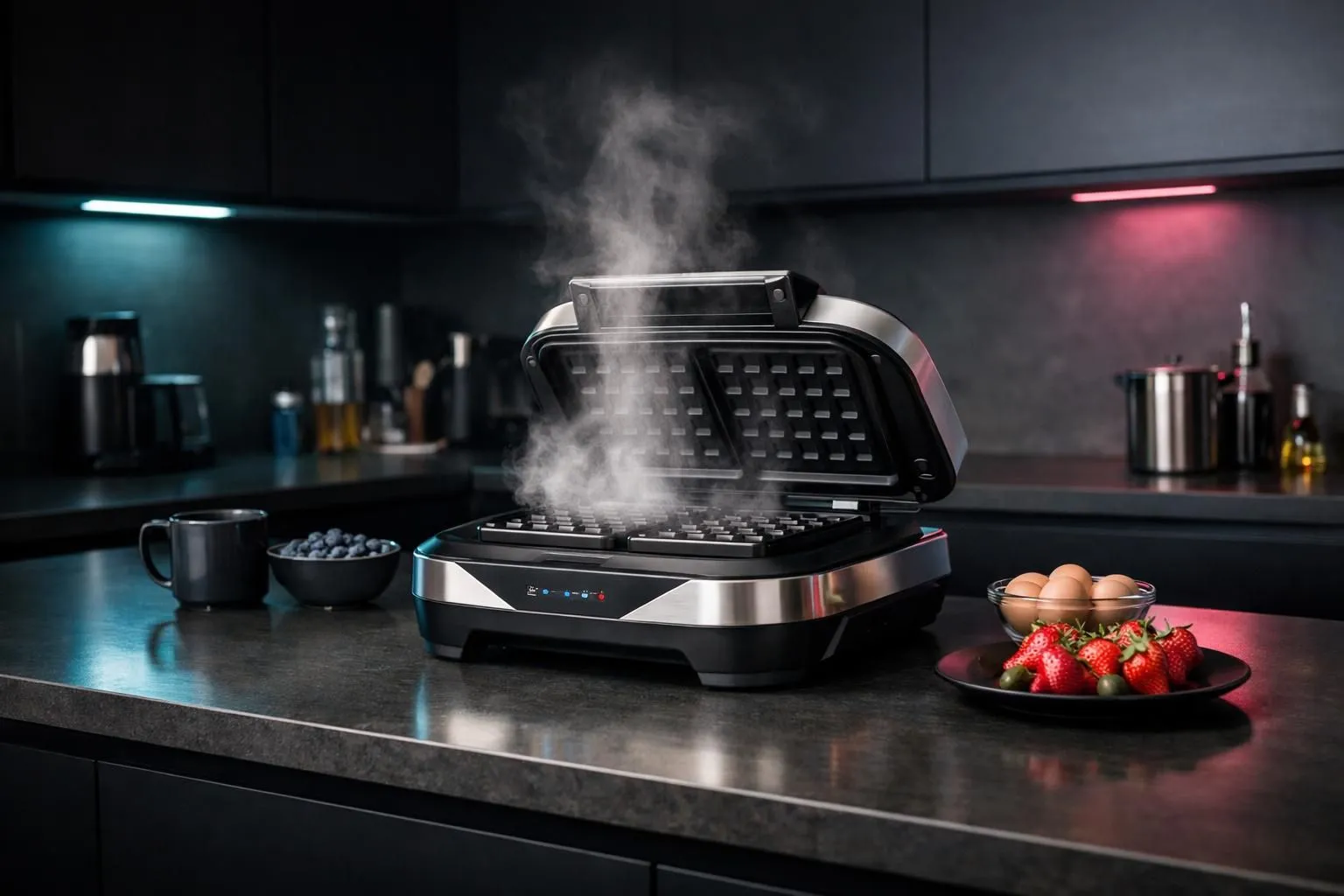 Waffle maker steaming on kitchen counter with fresh strawberries.