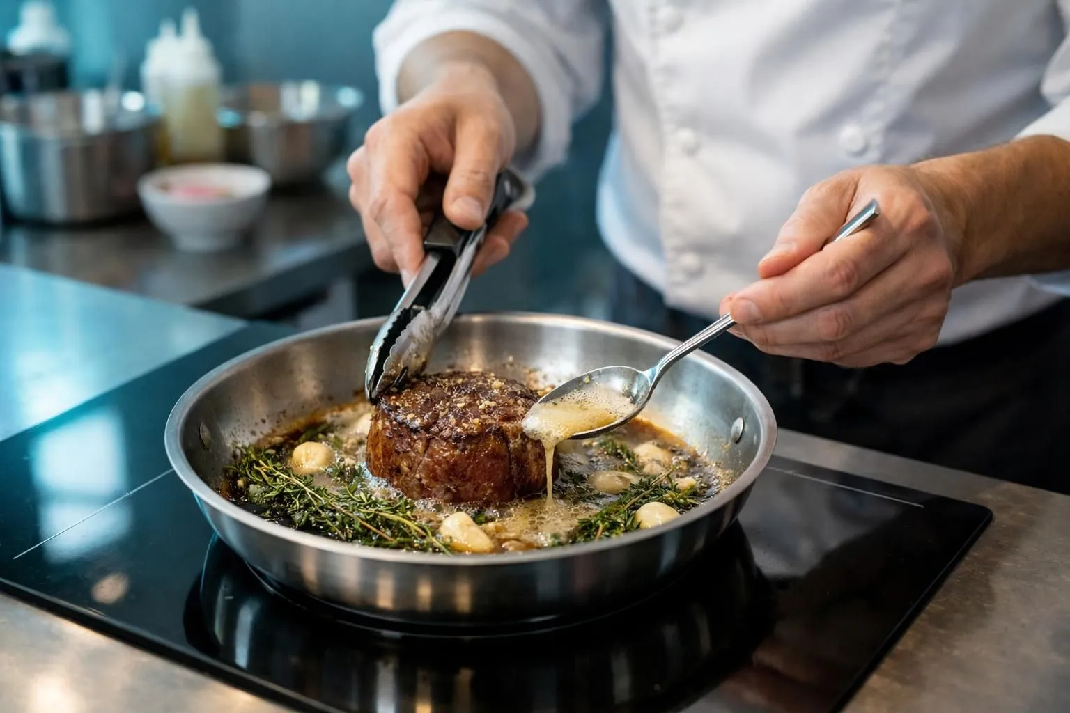 A chef preparing a hearty, savory dish on a stovetop.