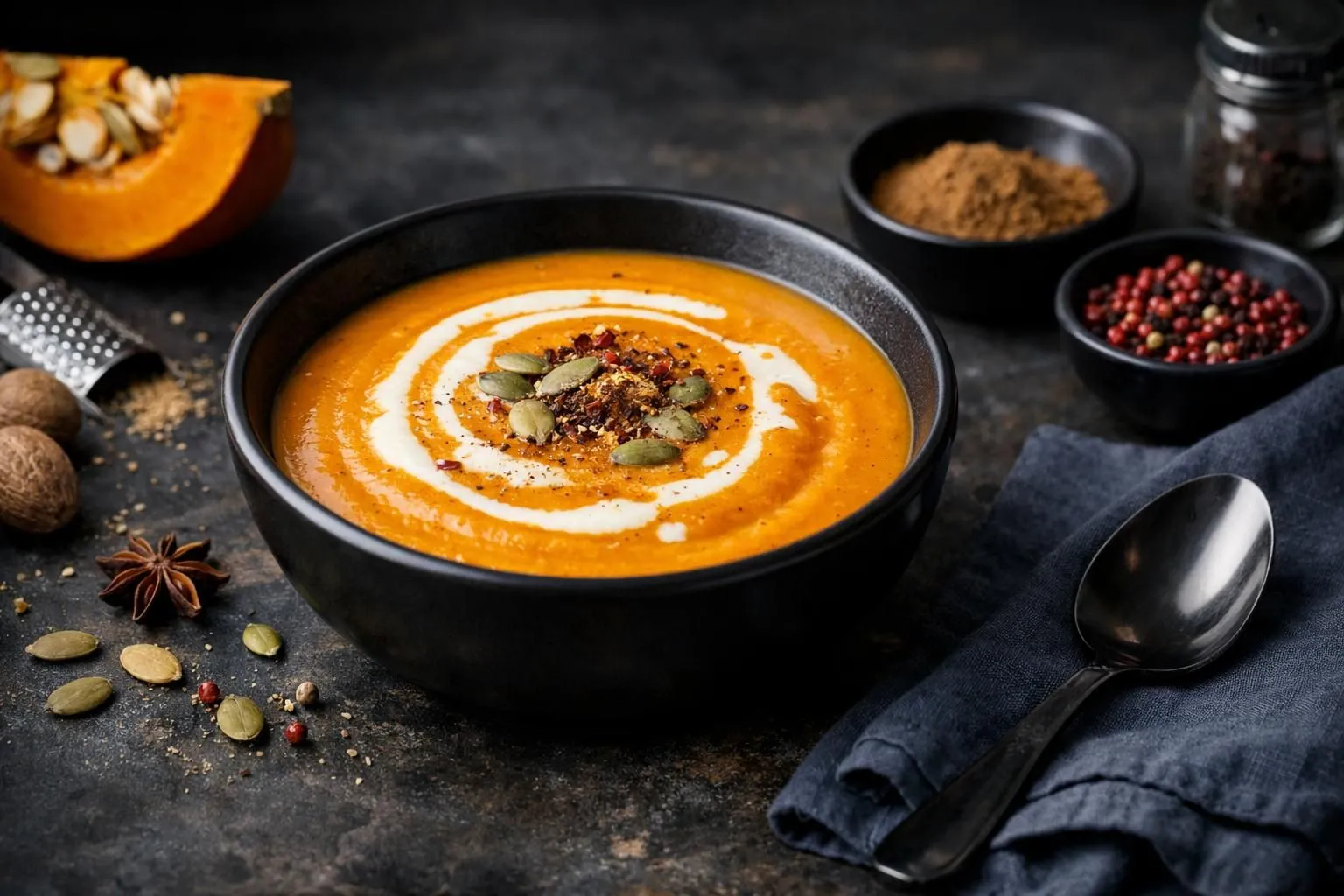 Creamy pumpkin soup with spices and garnishes in a bowl.