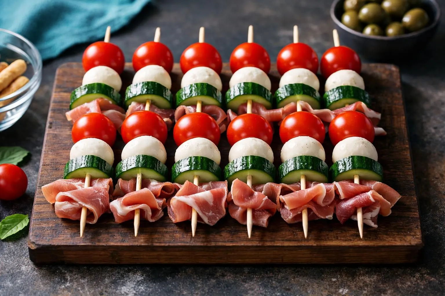 Skewers of tomatoes, mozzarella, cucumber, and prosciutto on a wooden board.