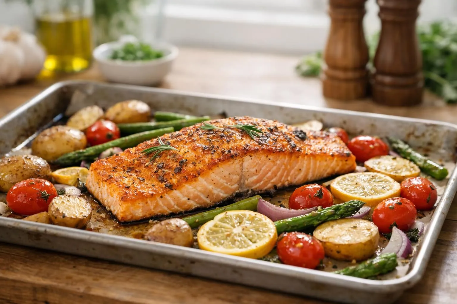 Baked salmon fillet with roasted vegetables and lemon slices.