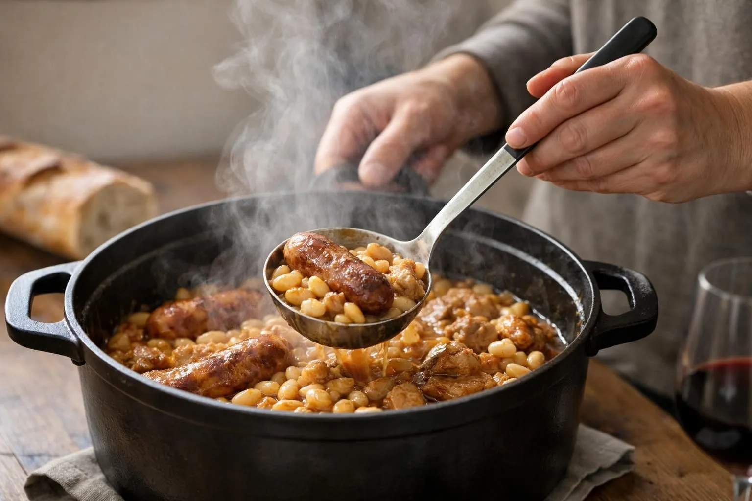 Sizzling pot of hearty beans and sausage, steam rising.