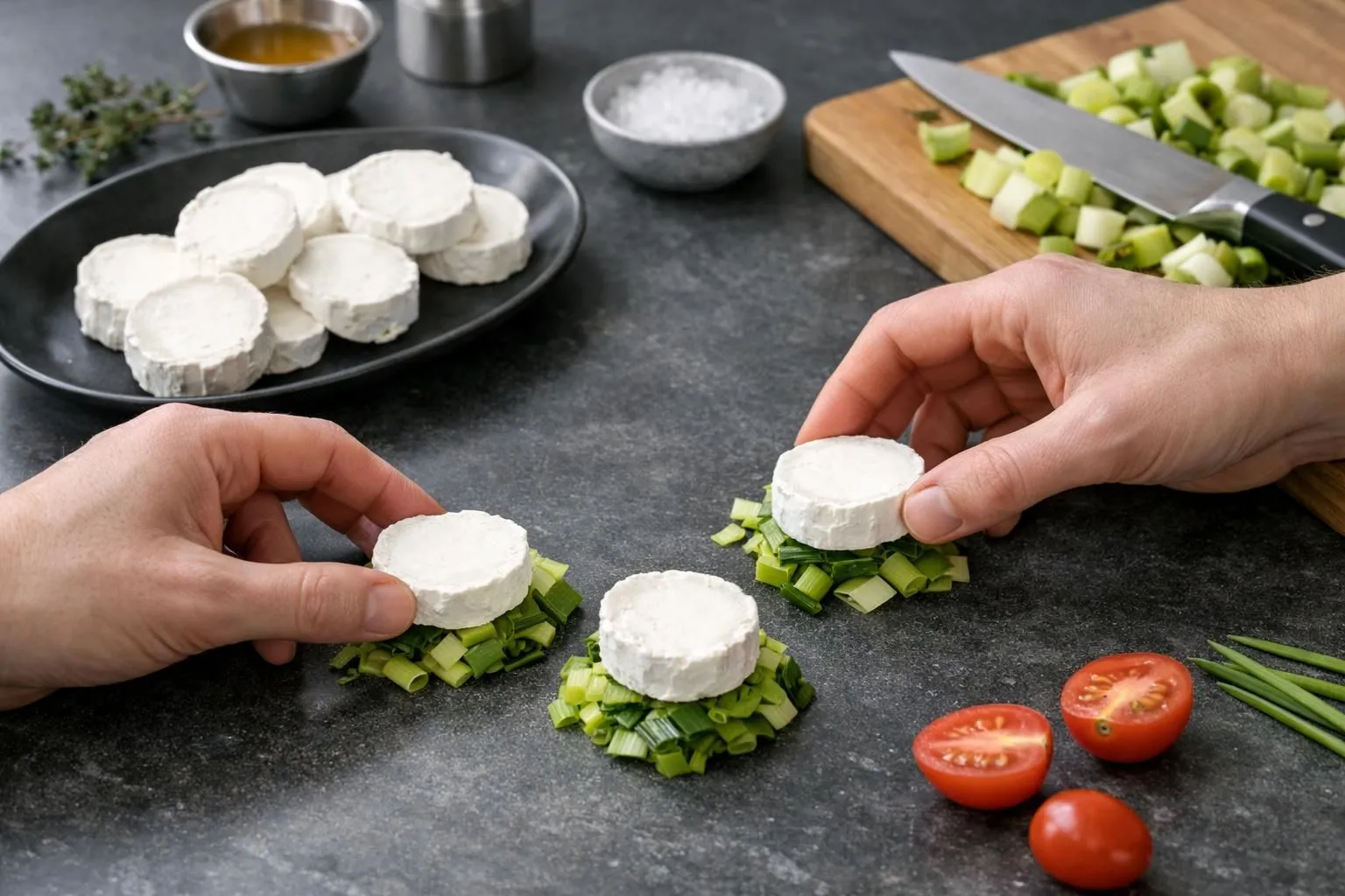 Preparing cheese and vegetable appetizers on a dark surface.