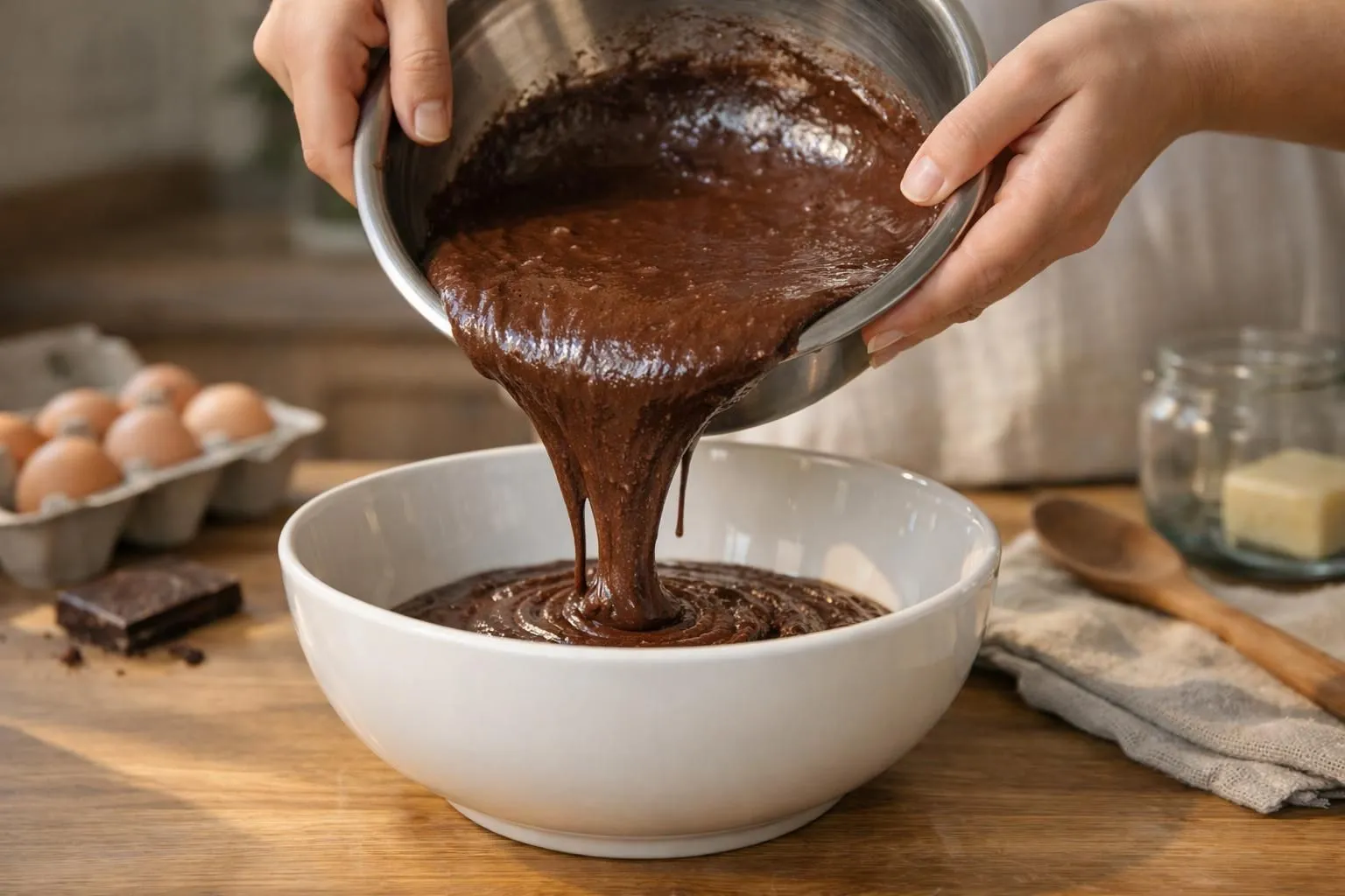 Pouring rich, dark chocolate batter into a white bowl.