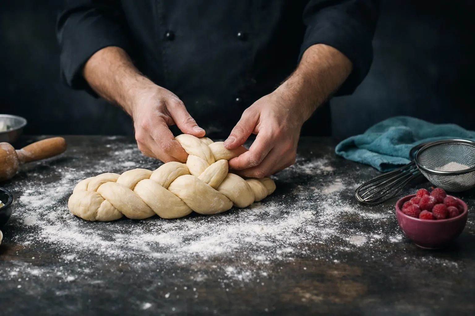 Hands kneading and braiding freshly made dough on a floured surface.