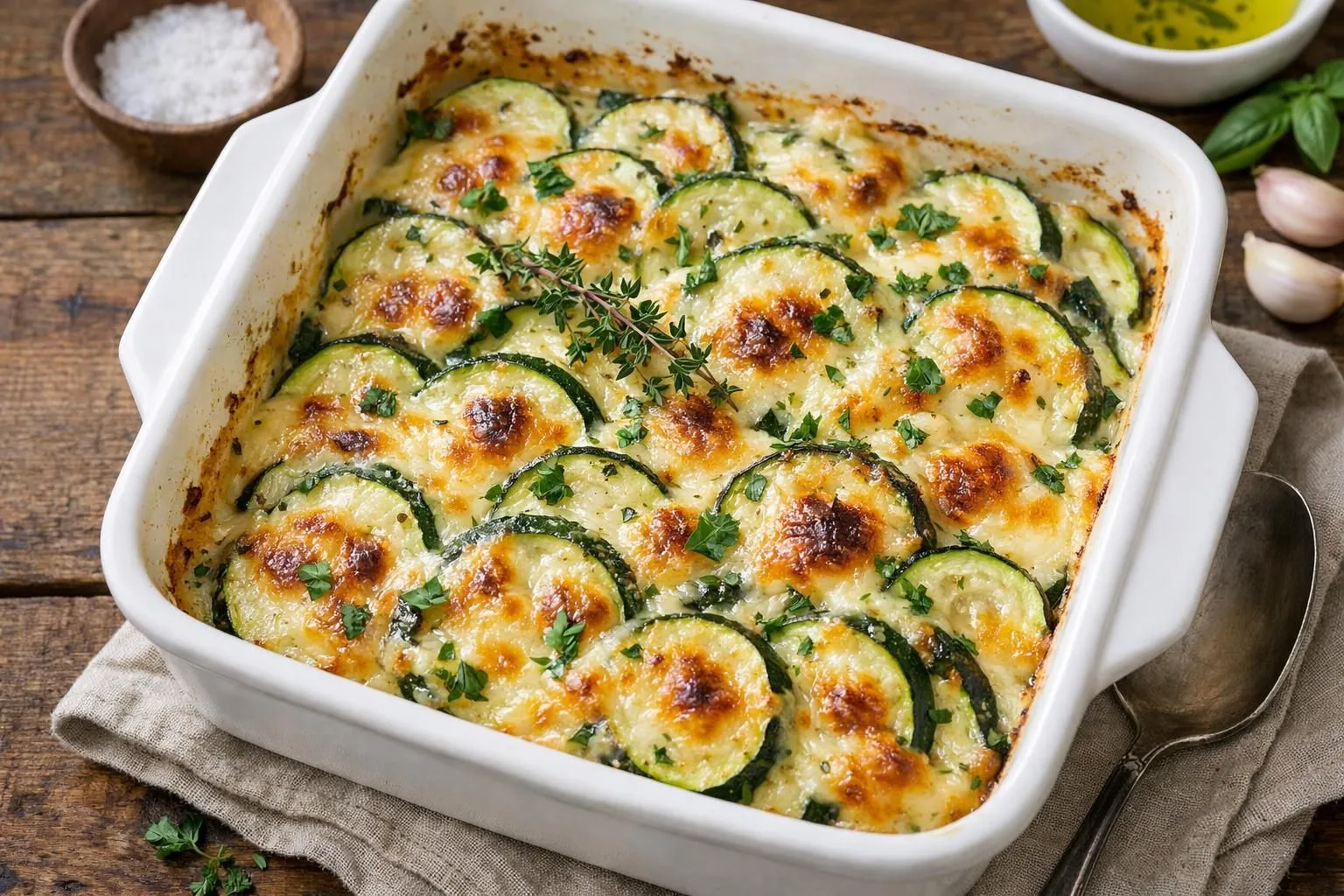 Baked zucchini casserole with melted cheese and fresh herbs.