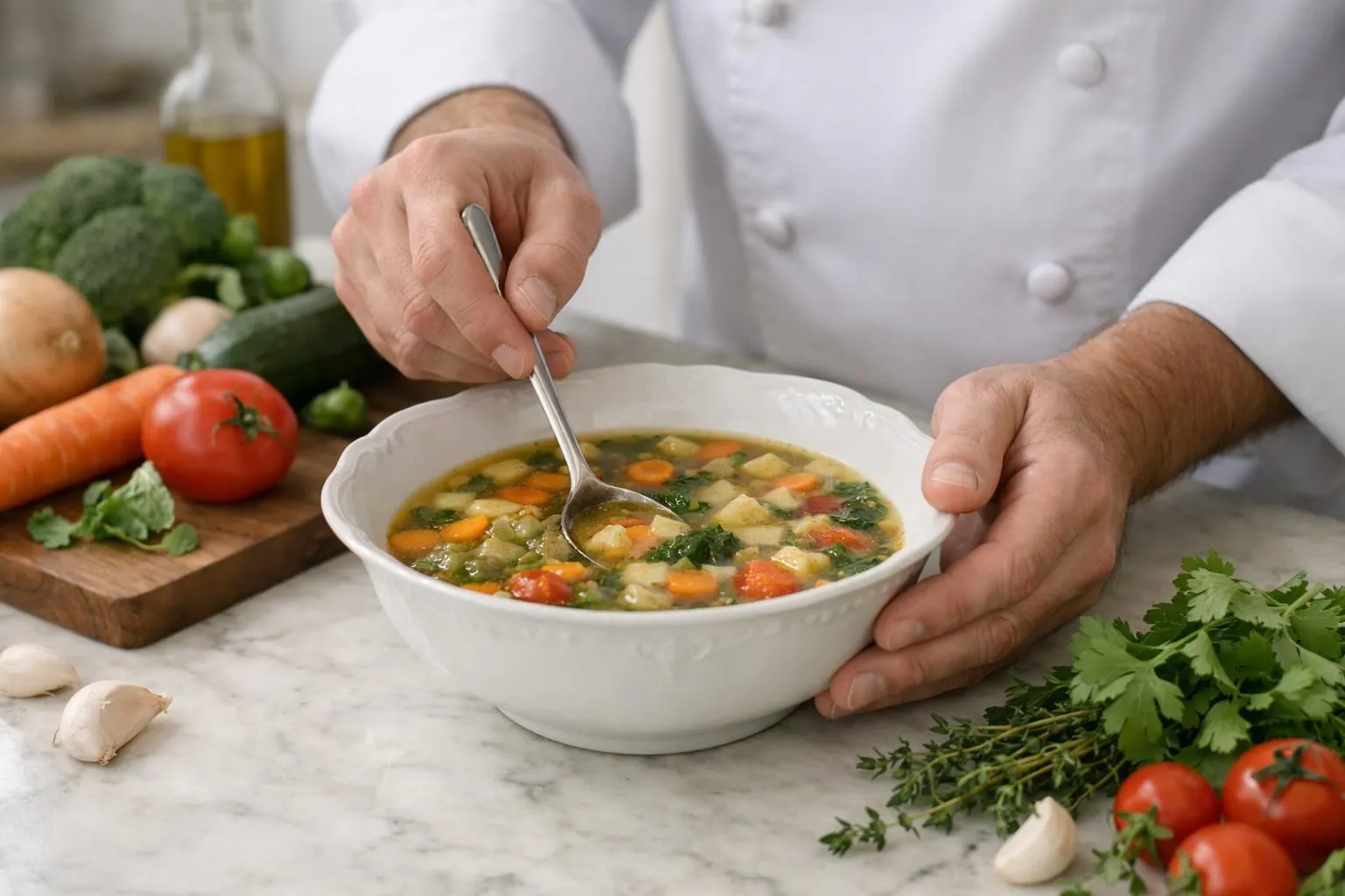 A chef's hands stirring a bowl of vegetable soup.
