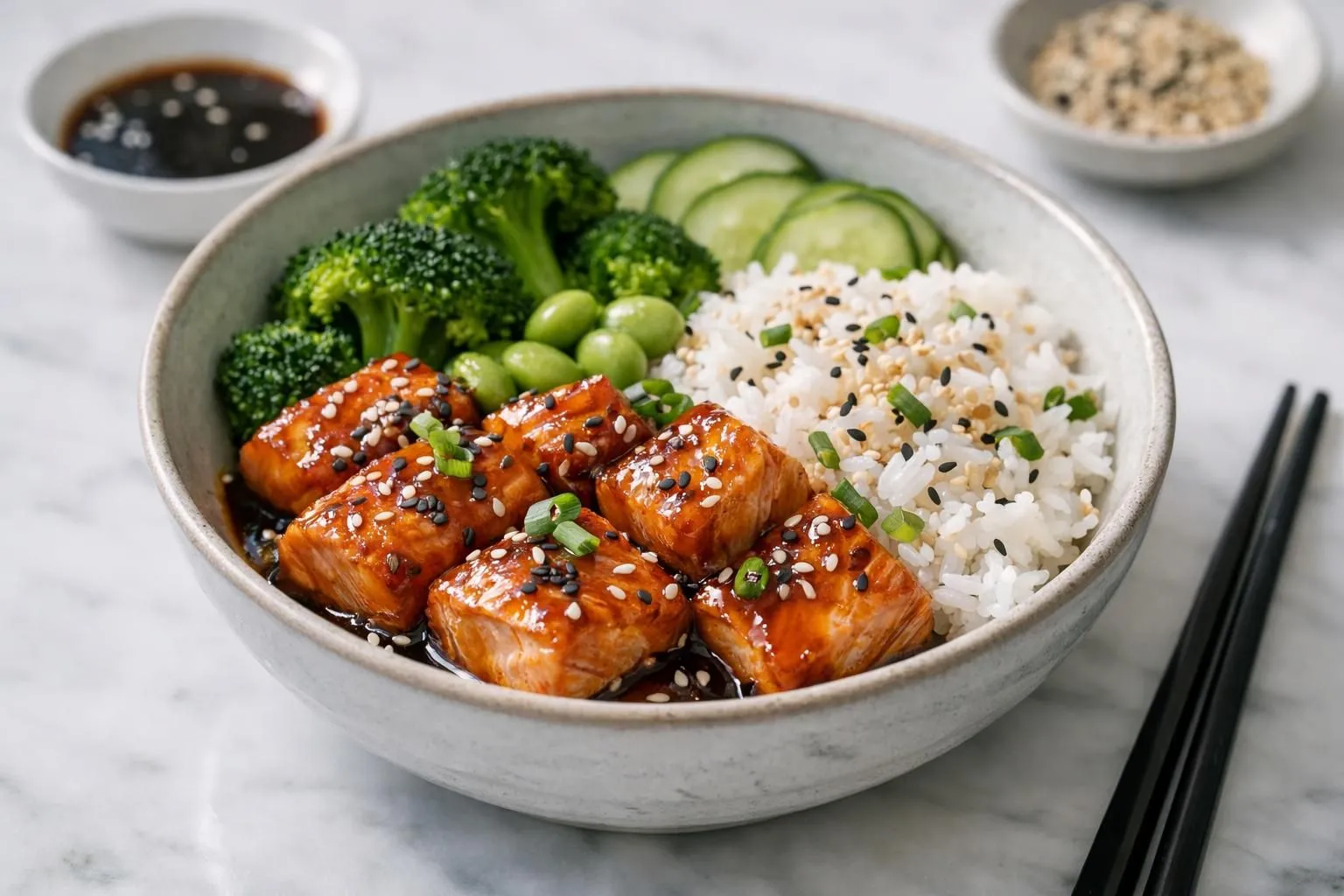 Grilled salmon, steamed broccoli, edamame, and rice in a bowl.