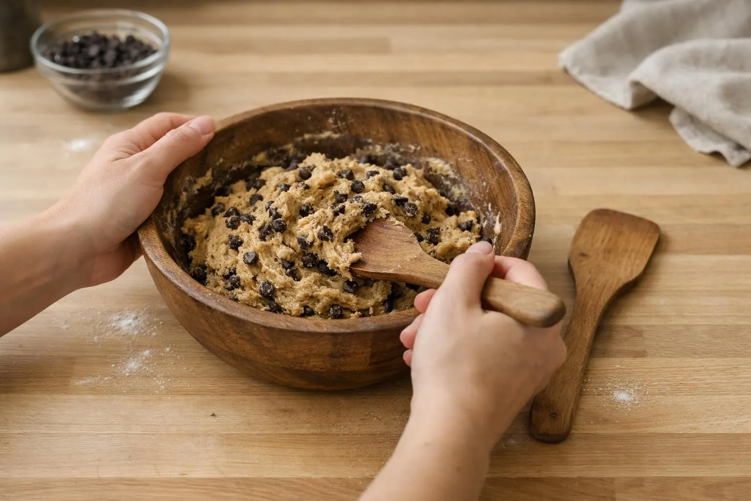 Wooden bowl with homemade cookie dough and chocolate chips.