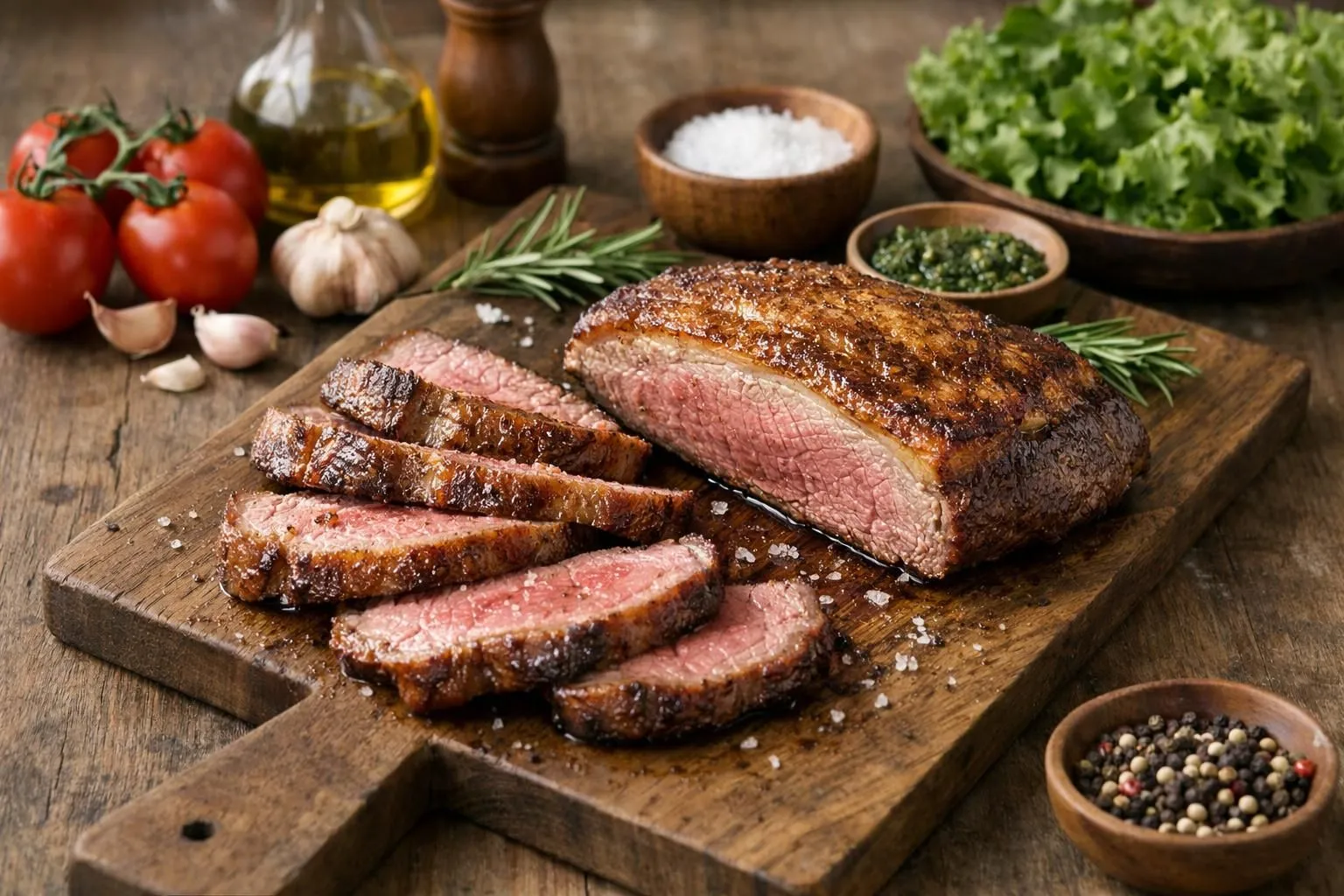 Sliced roast beef on wooden board, surrounded by herbs and spices.