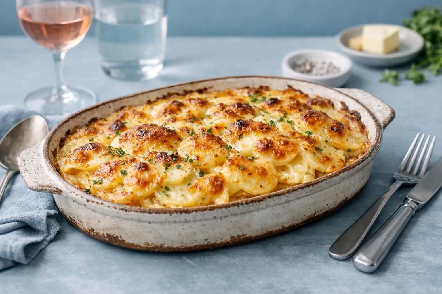 Baked cheesy potato casserole with browned, crispy topping.