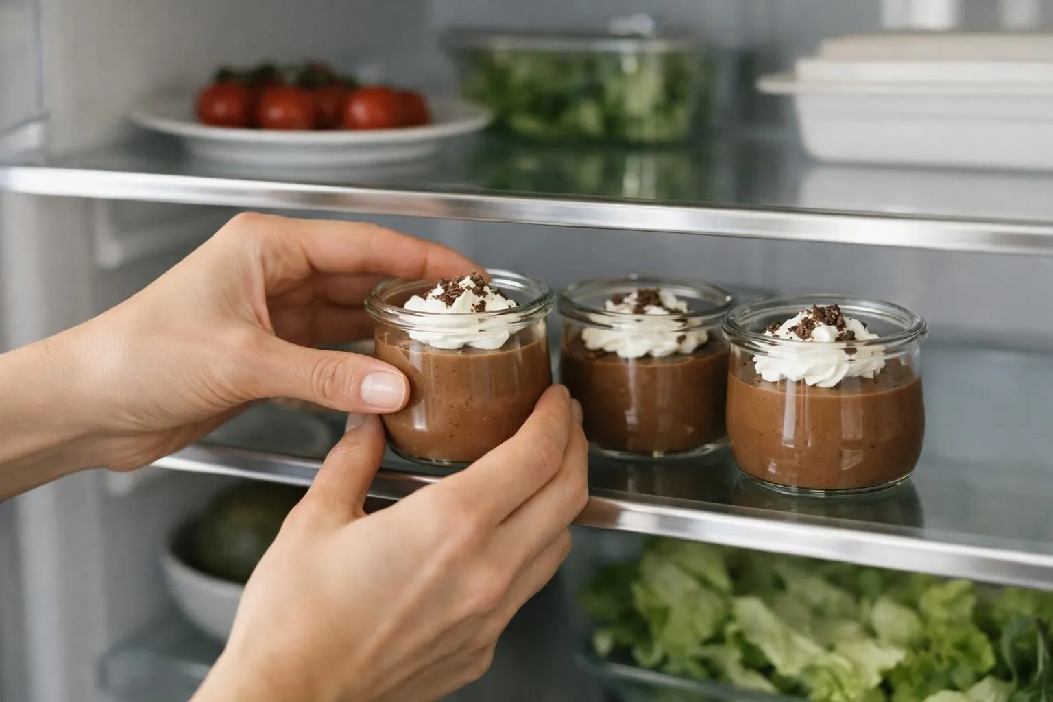 Chocolate pudding cups with whipped cream in open refrigerator.