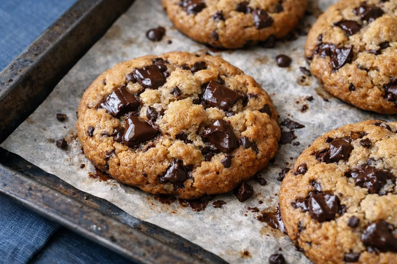 Recette facile cookies chocolat blanc moelleux en 5 étapes simples Freshly baked chocolate chip cookies on a baking sheet.
