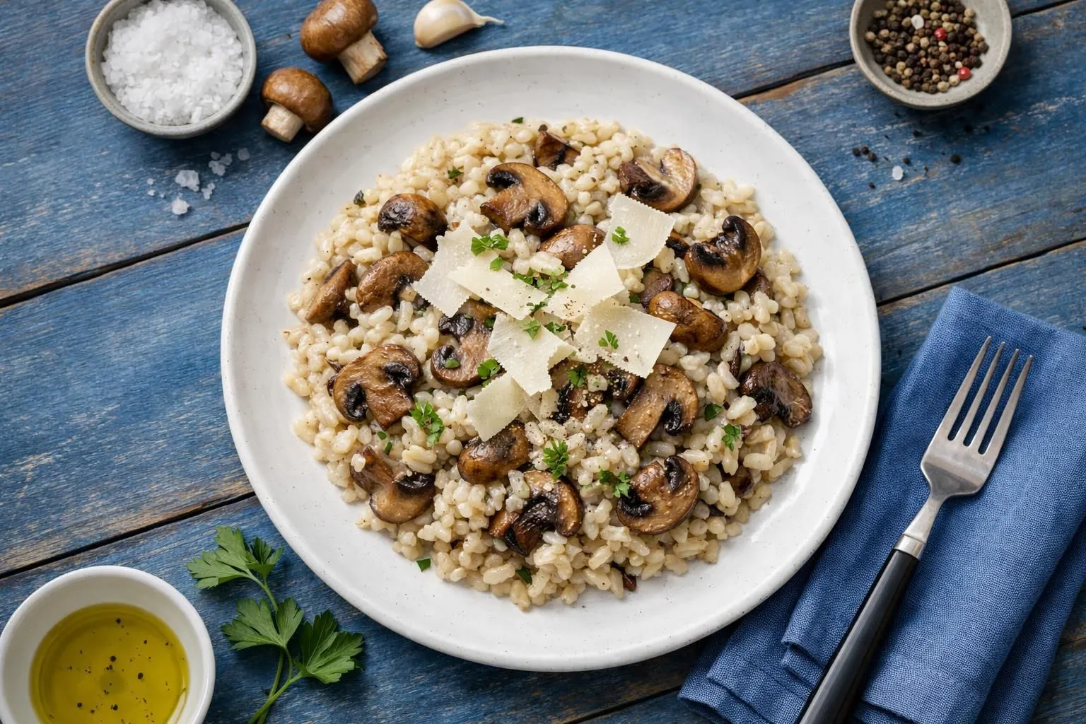 Creamy risotto with sautéed mushrooms, parmesan shavings, and fresh parsley.