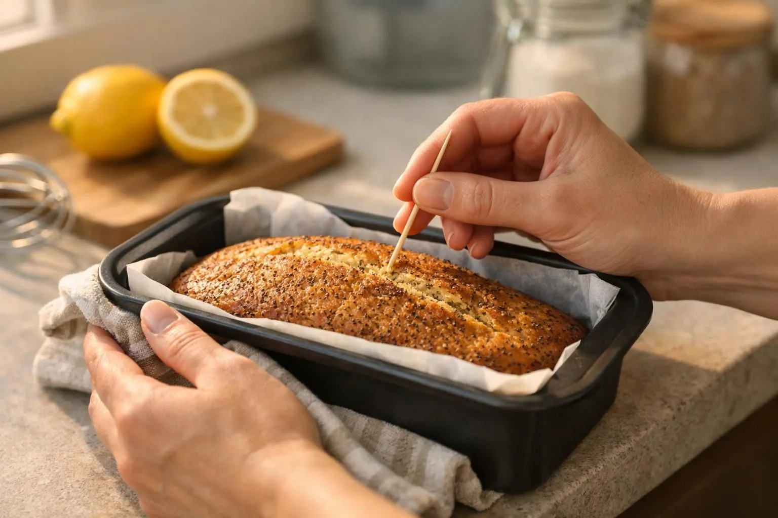 Freshly baked bread with lemon slices on a kitchen counter.