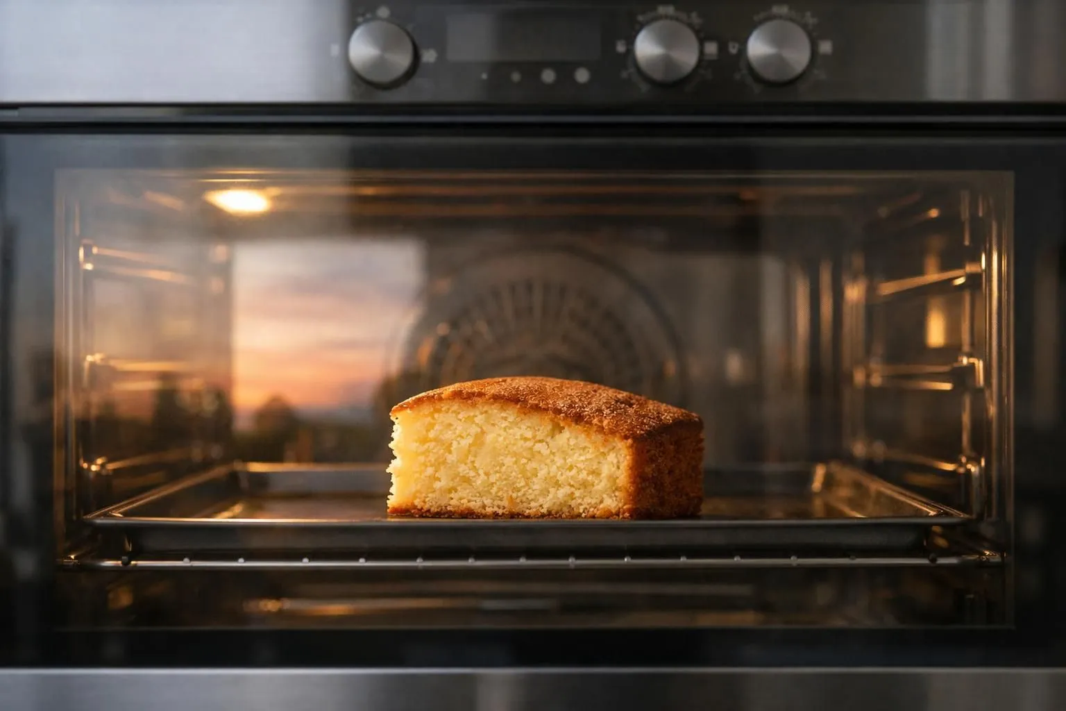 Freshly baked golden cake in a lit oven.