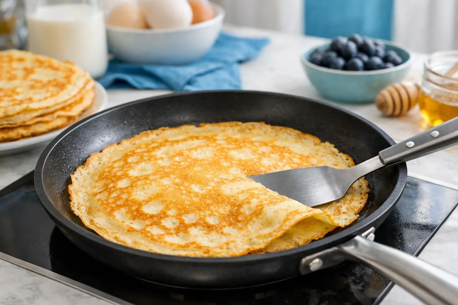 Freshly cooked pancake in a black skillet, surrounded by breakfast ingredients.