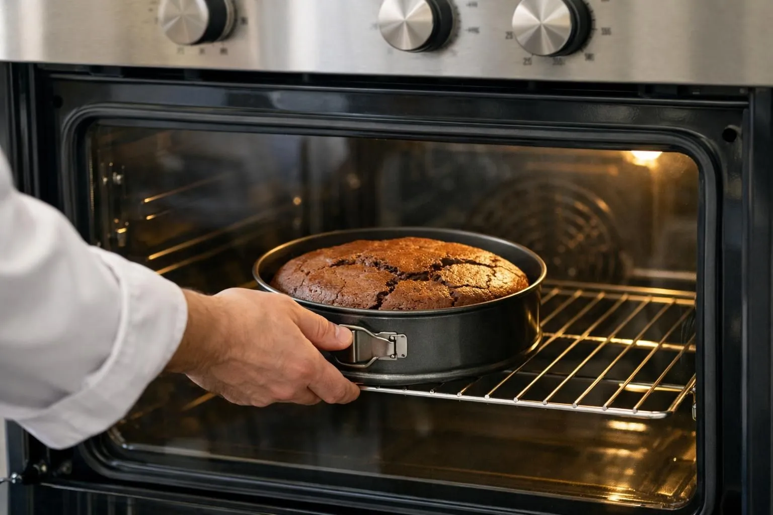 Baking cake in oven, hand holding cake pan.