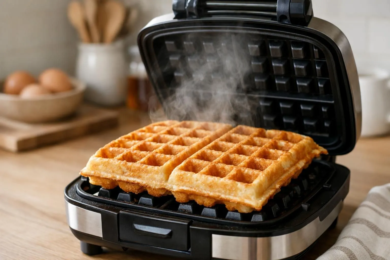 Freshly baked golden waffles steaming in a waffle maker.