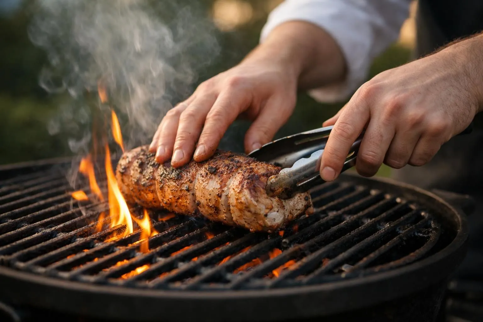 Sizzling meat on a flaming grill, smoke rising.
