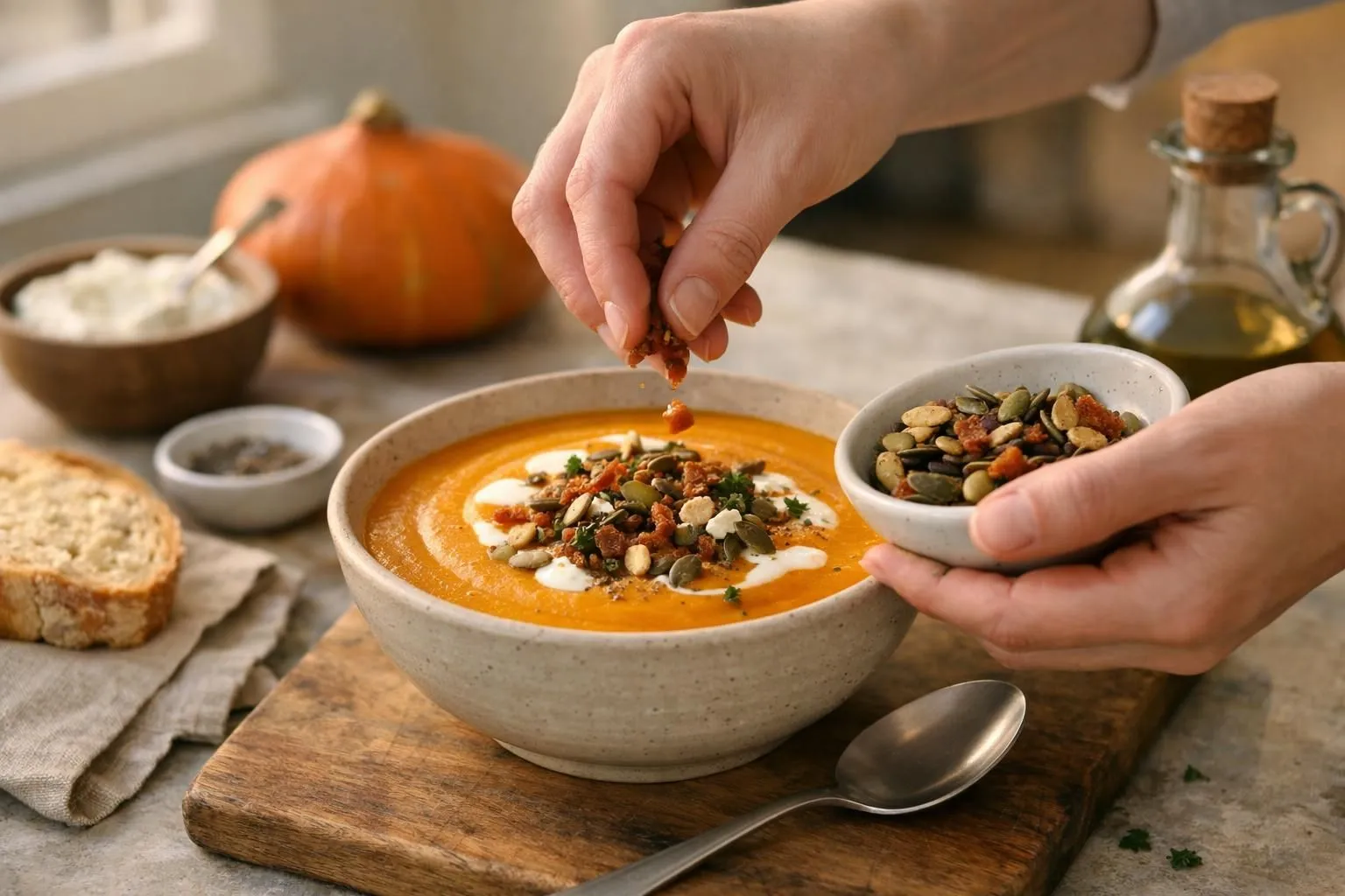 Creamy pumpkin soup with garnished toppings and bread slices.