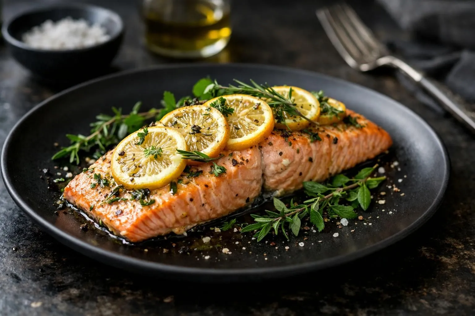 Grilled salmon fillet with lemon slices and fresh herbs.