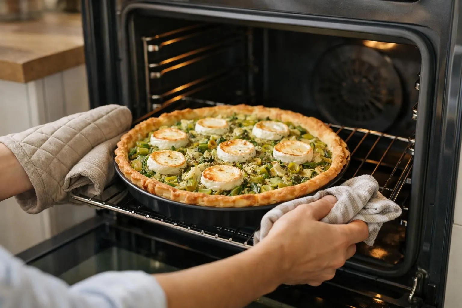 Freshly baked quiche with sautéed vegetables and golden-brown scallops.