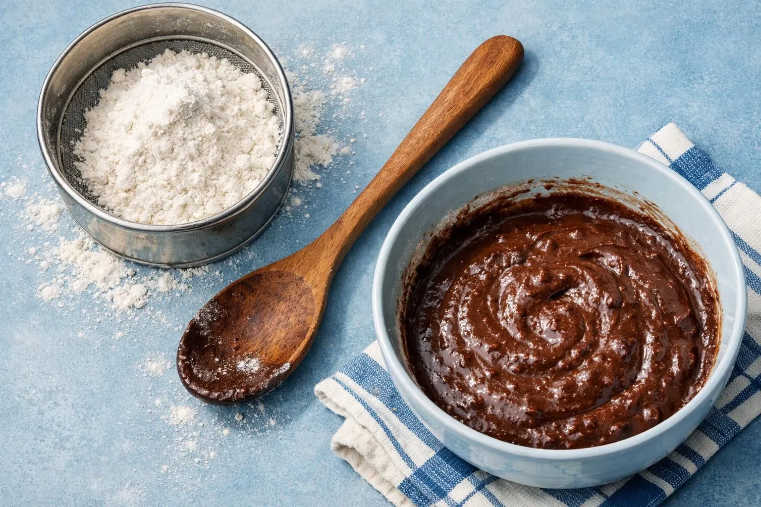 Powdered sugar, wooden spoon, and a bowl of chocolate spread.