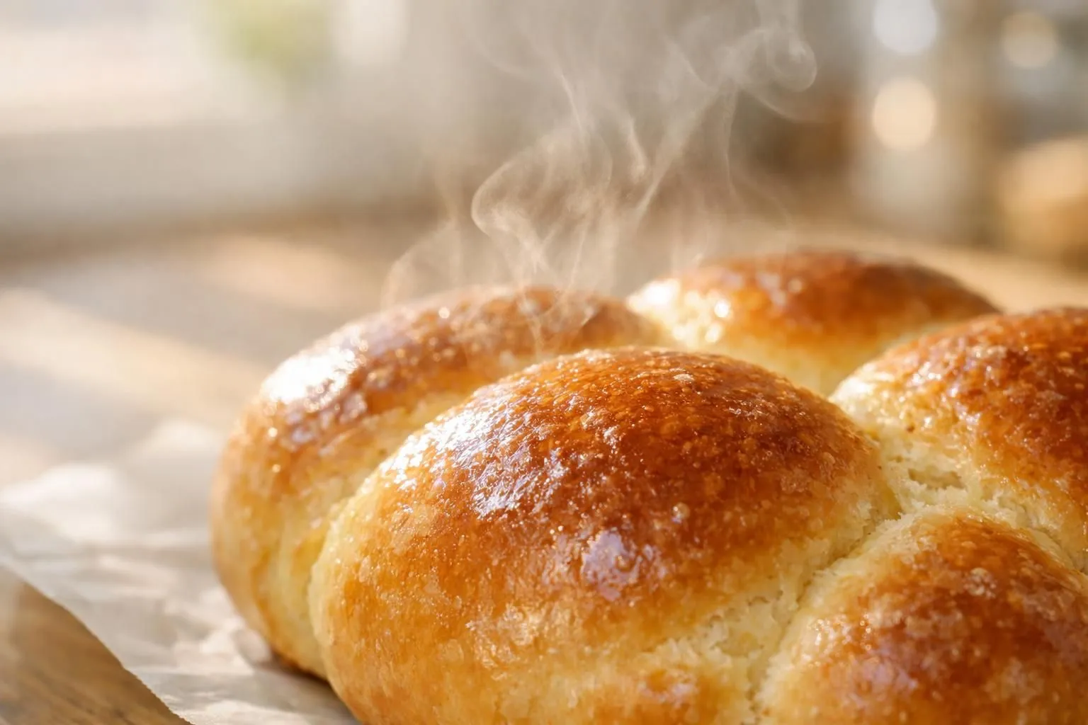 Freshly baked, golden-brown bread rolls with steam rising.