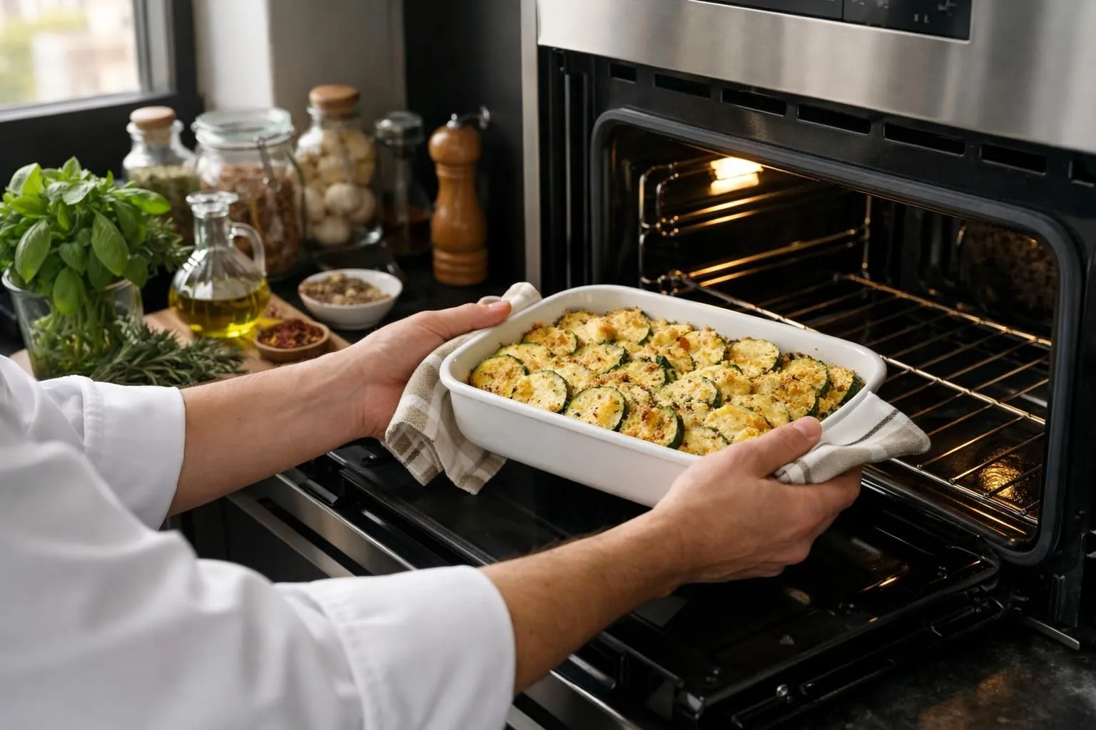 Hands placing a baking dish of prepared vegetables into an oven.
