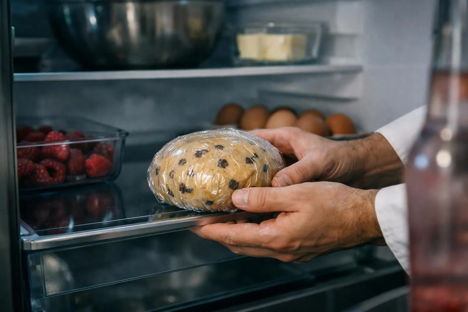 Hands placing a wrapped baked good in a refrigerator.
