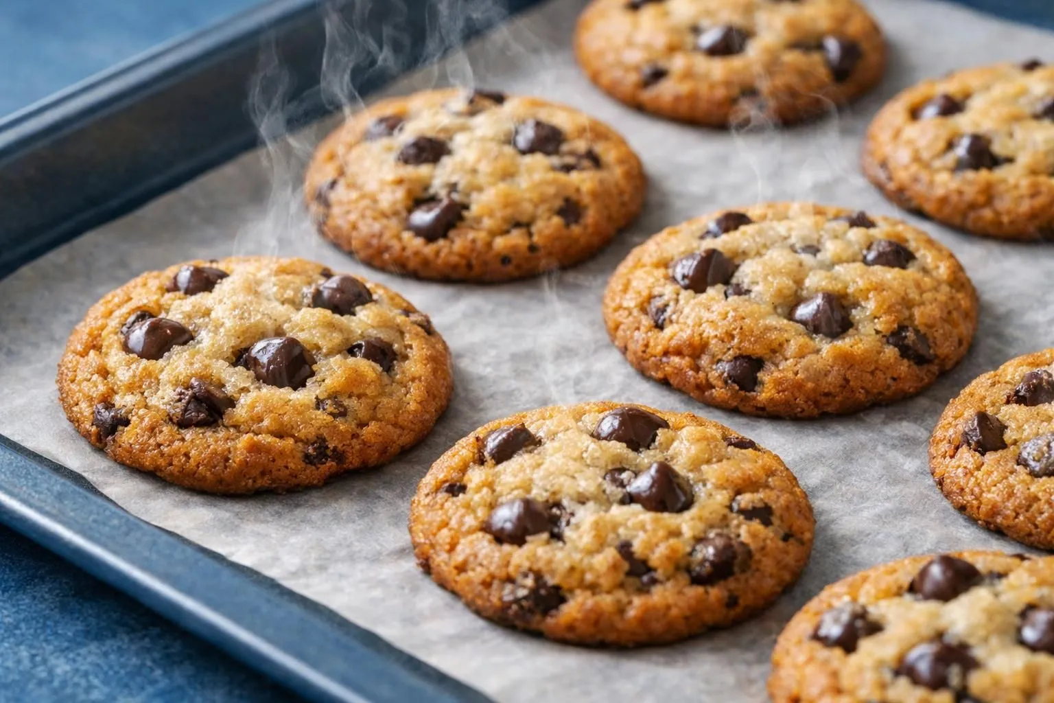 Freshly baked chocolate chip cookies on a baking sheet.