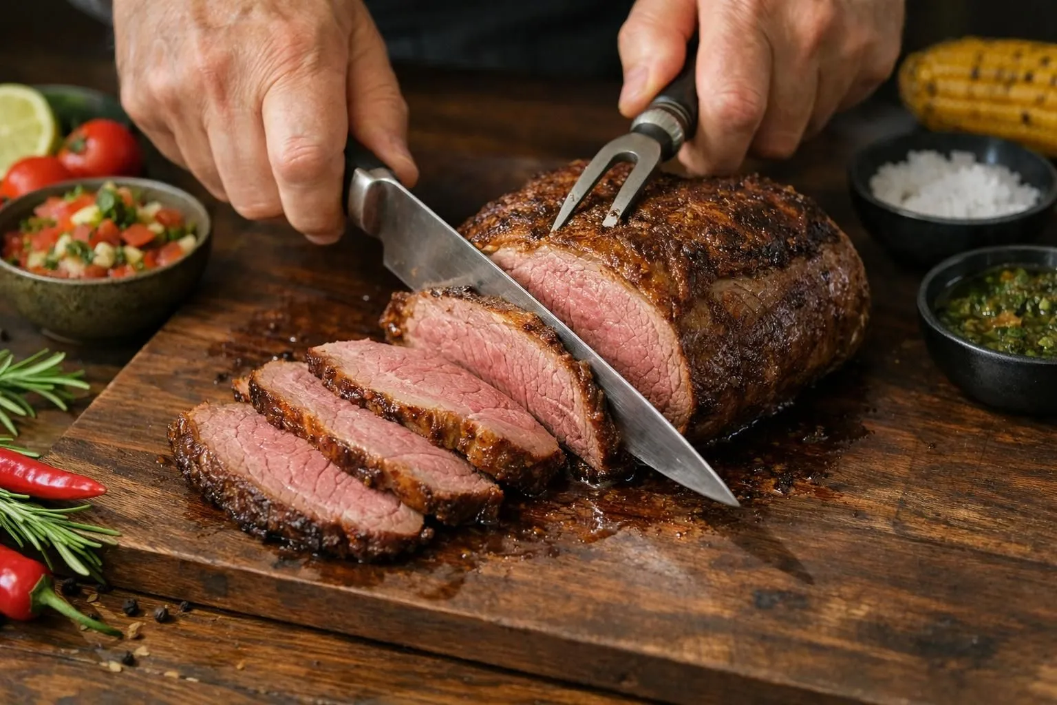 Sliced roast beef on a wooden cutting board.