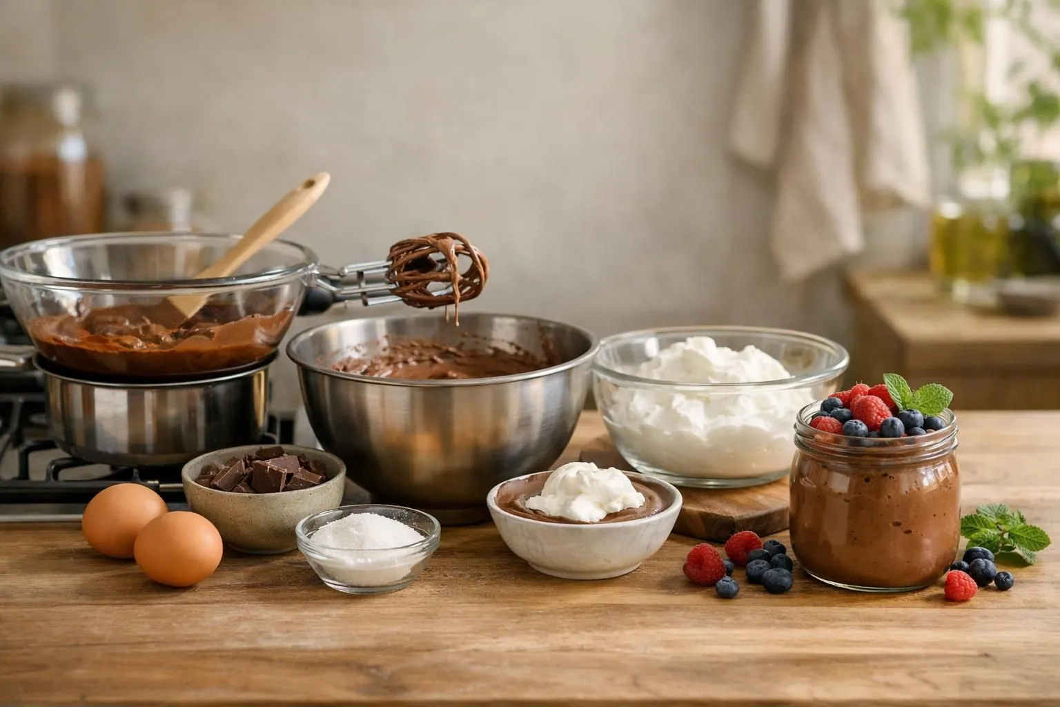 Baking ingredients, utensils, and prepared dishes on a wooden table.