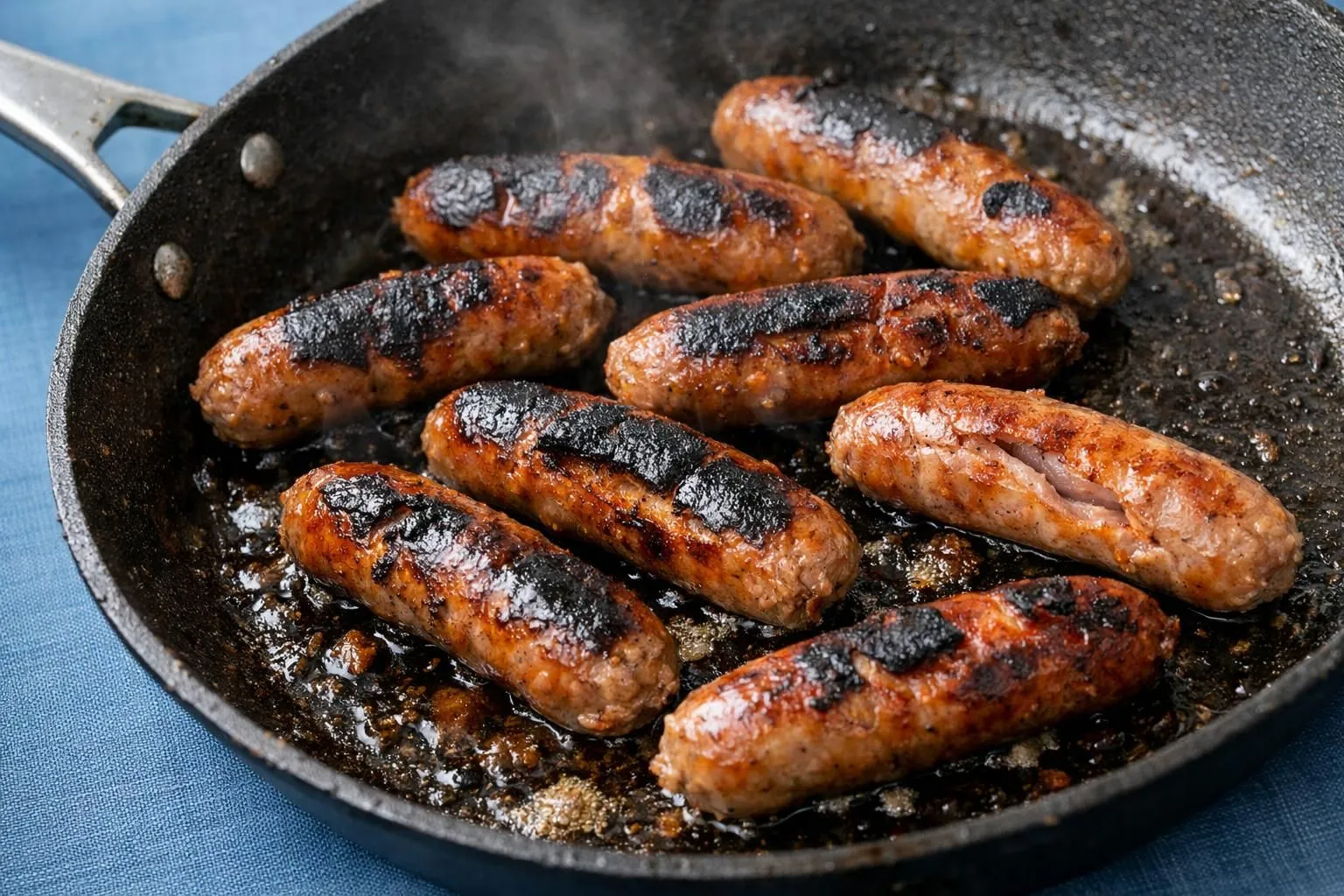 Sizzling, caramelized sausages in a cast-iron skillet.