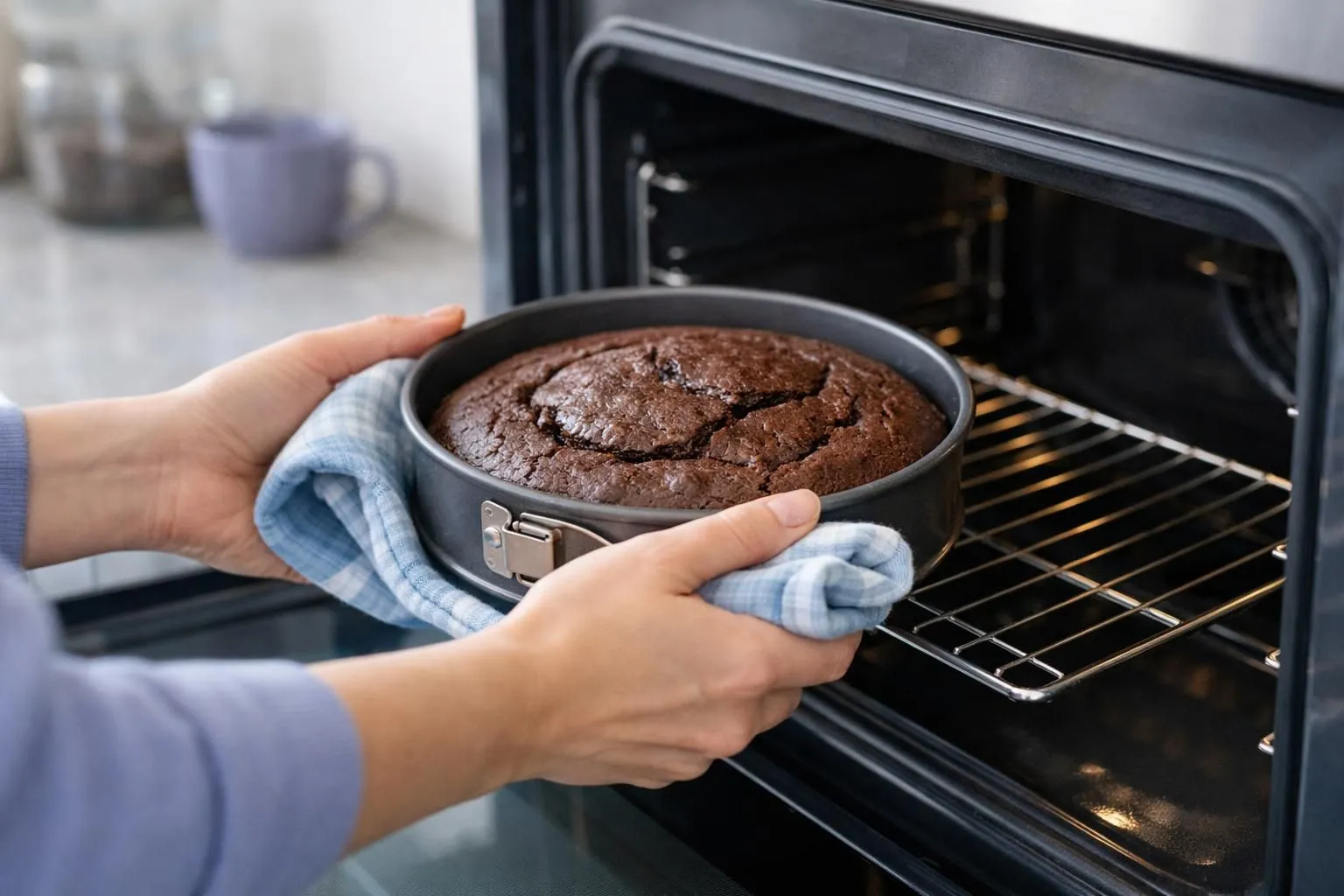 Hands removing a baked chocolate cake from the oven.