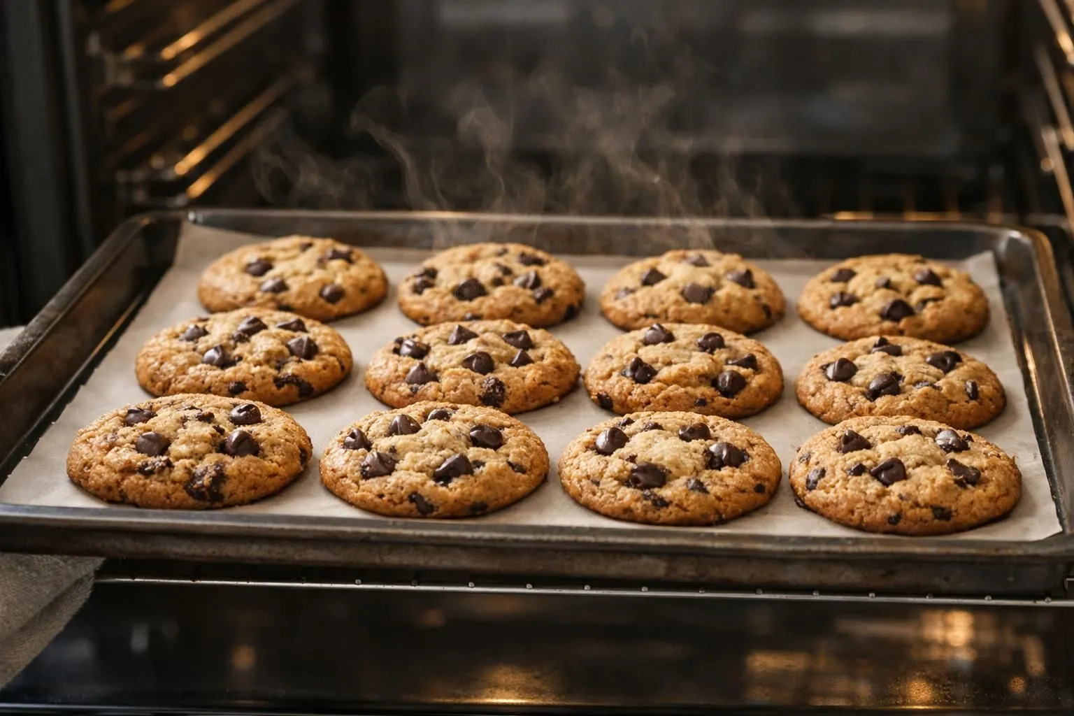 Freshly baked chocolate chip cookies on a baking sheet.