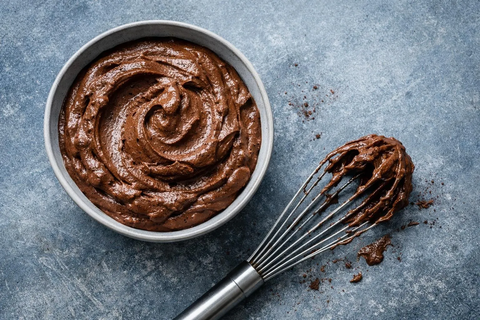 Creamy chocolate mousse in a bowl with a whisk.