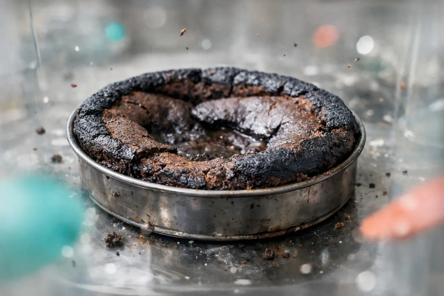 A dark, cracked chocolate cake in a metal pan.