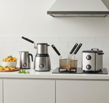 Sélection de friteuses sans huile modernes sur un comptoir, avec des frites, pour vous aider à savoir quelle friteuse sans hu