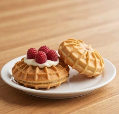 Deux gaufres dorées avec framboises, idéales pour une recette facile pour gaufre à la maison.