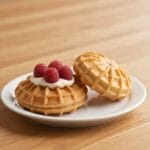 Deux gaufres dorées avec framboises, idéales pour une recette facile pour gaufre à la maison.