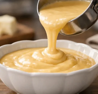 Sauce fromagère maison crémeuse et délicieuse, versée dans un bol. Recette facile en 5 étapes. Parfait pour vos plats!