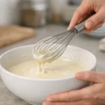 Comment faire des crêpes sans grumeaux: des mains expertes fouettent une pâte parfaite dans une cuisine moderne.