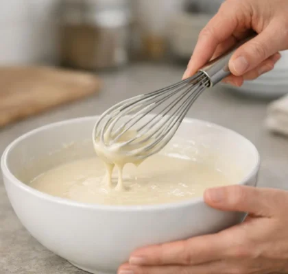 Comment faire des crêpes sans grumeaux: des mains expertes fouettent une pâte parfaite dans une cuisine moderne.