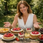 Desserts faciles sans cuisson aux fruits frais, présentés dans un jardin verdoyant